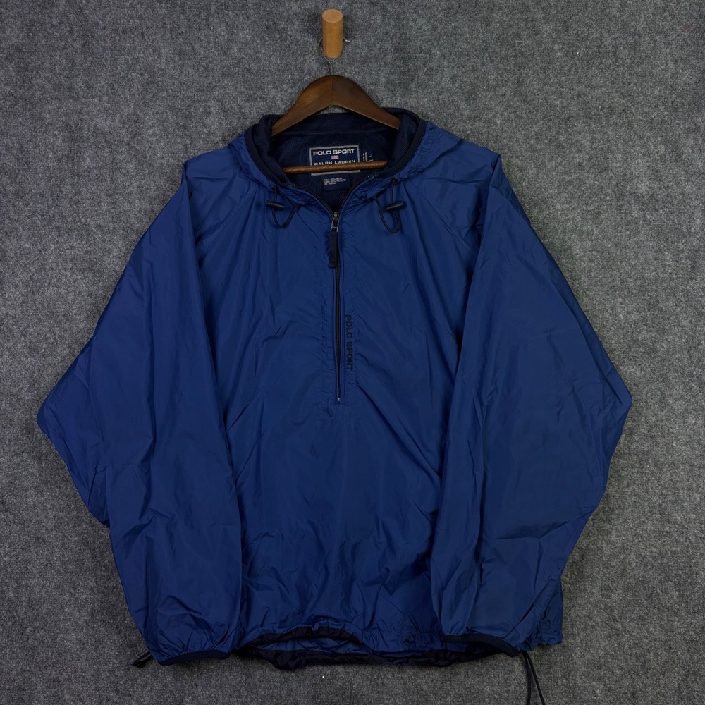 Polo Sport Windbreaker Mens Large Blue Quarter Zip Hooded Ripstop Jacket 0564
